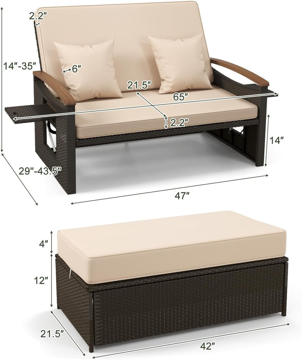 Beige Wicker Patio Daybed with Ottoman
