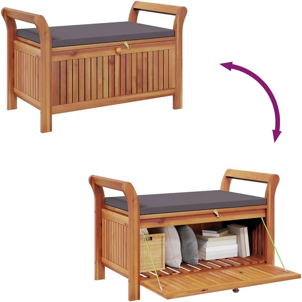 Brown Acacia Wood Outdoor Storage Bench With Cushion