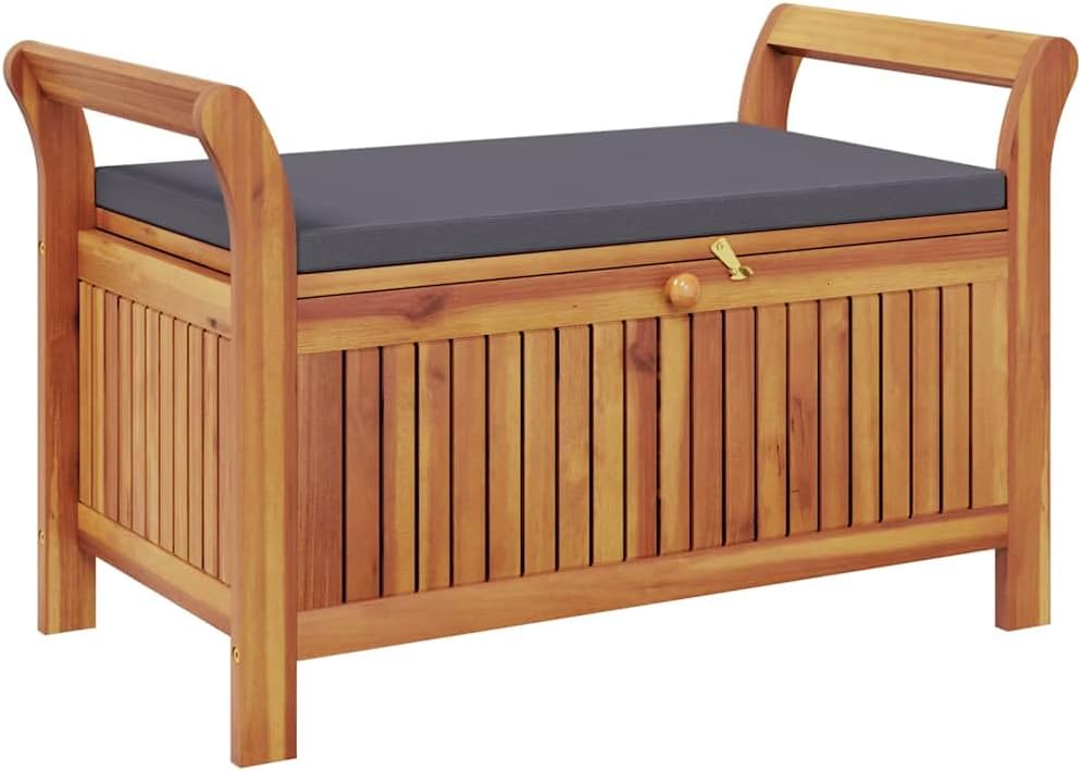 Brown Acacia Wood Outdoor Storage Bench With Cushion