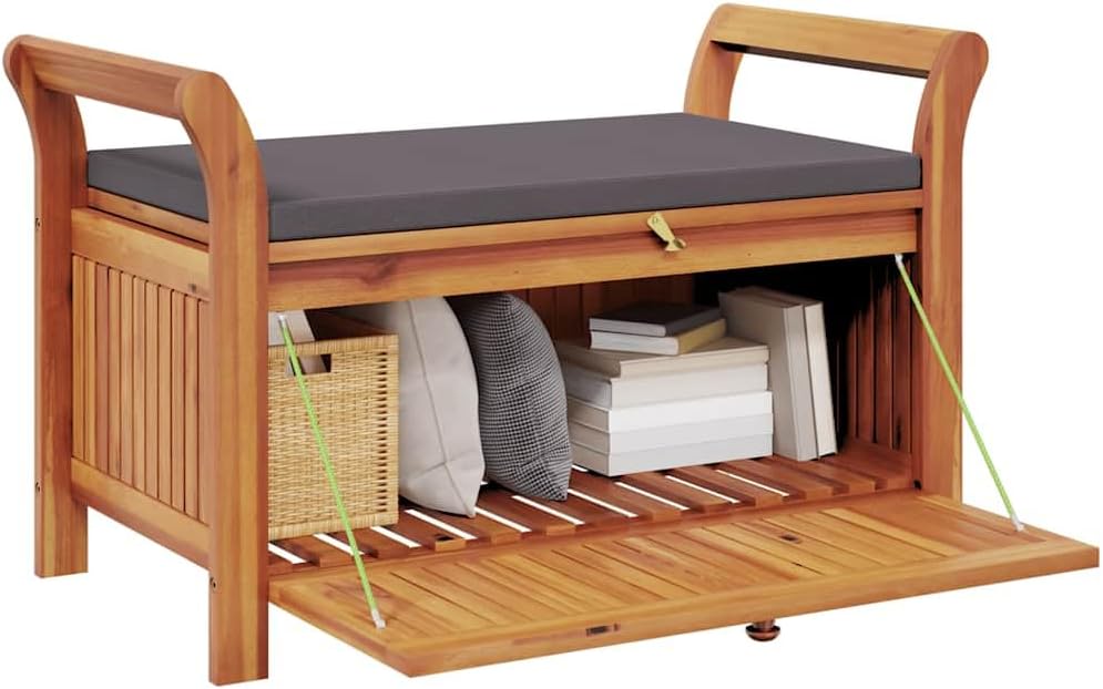 Brown Acacia Wood Outdoor Storage Bench With Cushion