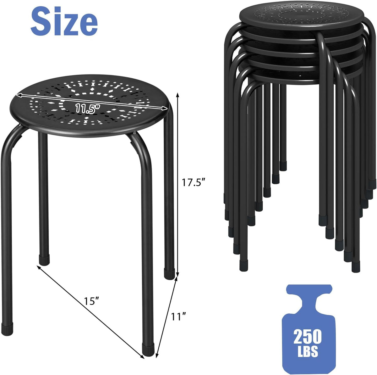 6 Pack Black Round Metal Stackable Classroom Stools