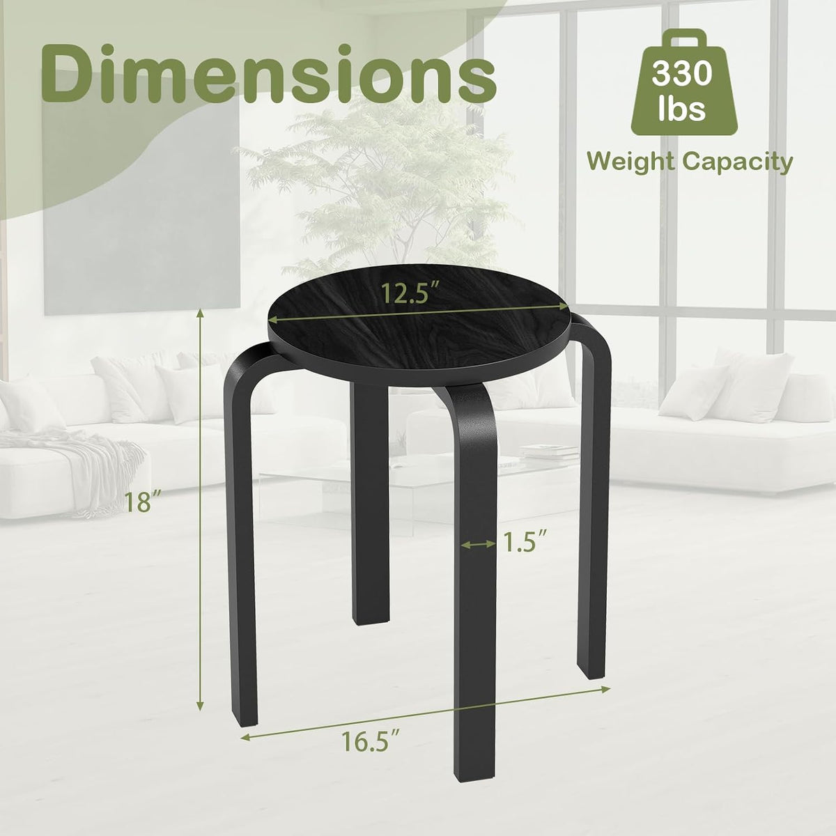 Black Bentwood Round Stackable Stools Set of 4, 18 Inch