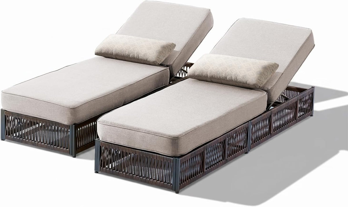 Beige PE Rattan Chaise Lounge Set of 2