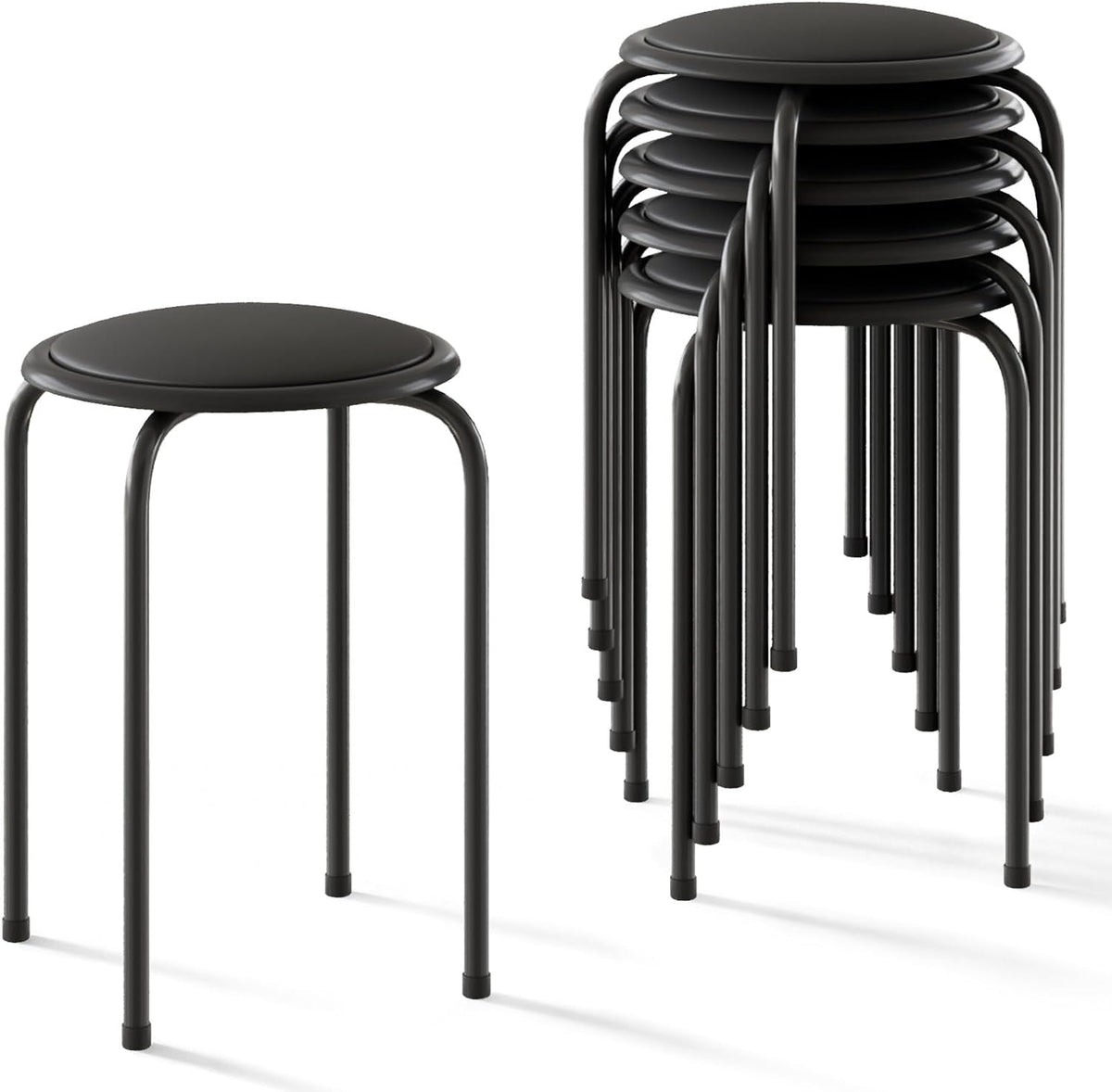 Black Padded Steel Leg Stackable Stools Set of 6, 17 Inch