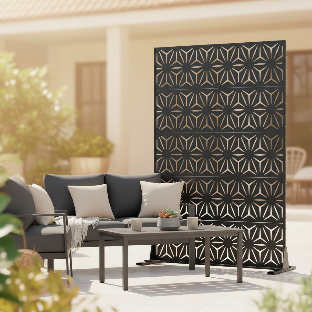 Black Geometric Star 5-Panel Metal Privacy Screen