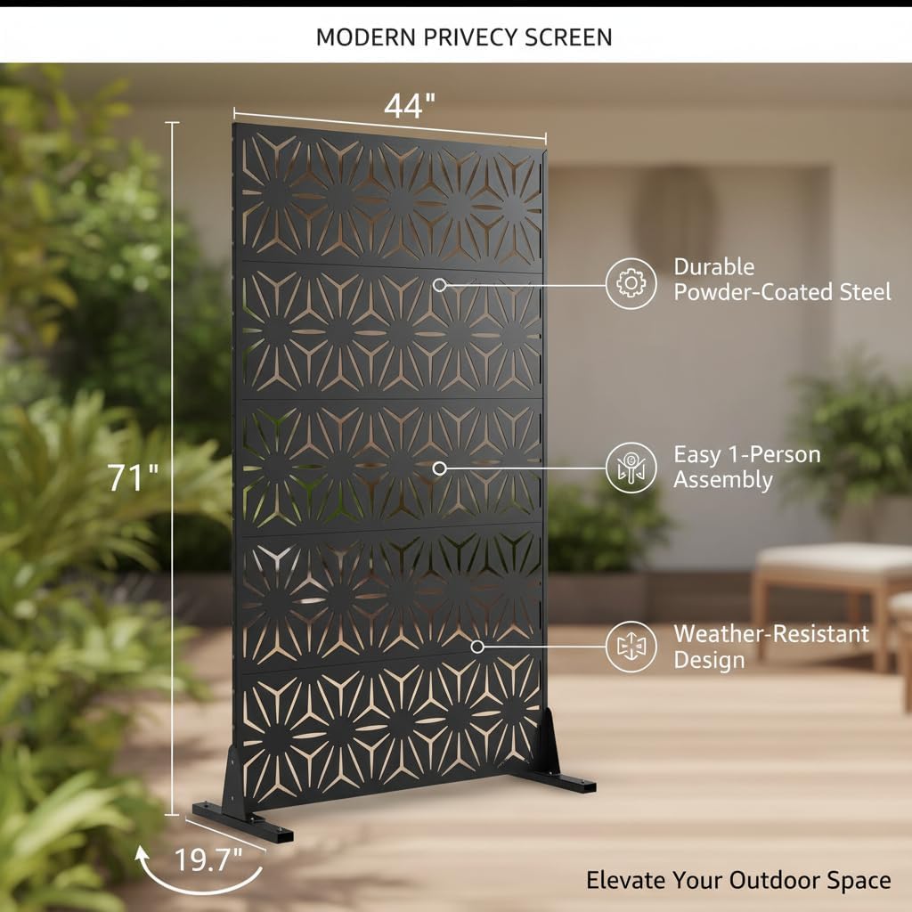 Black Geometric Star 5-Panel Metal Privacy Screen