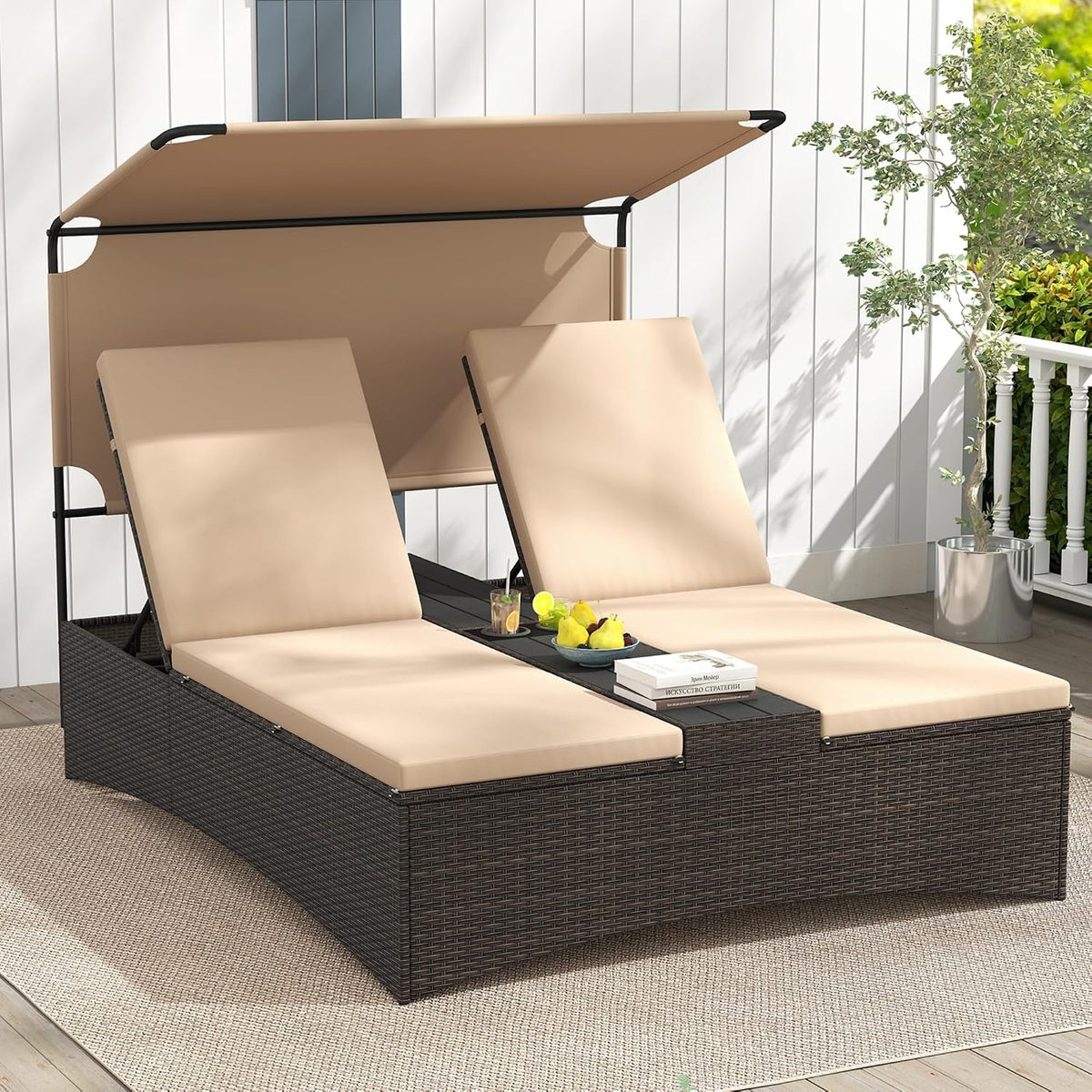 Canopy Double Wicker Patio Daybed