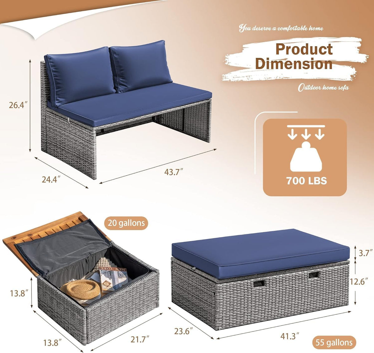 Navy Wicker Patio Daybed with Side Tables