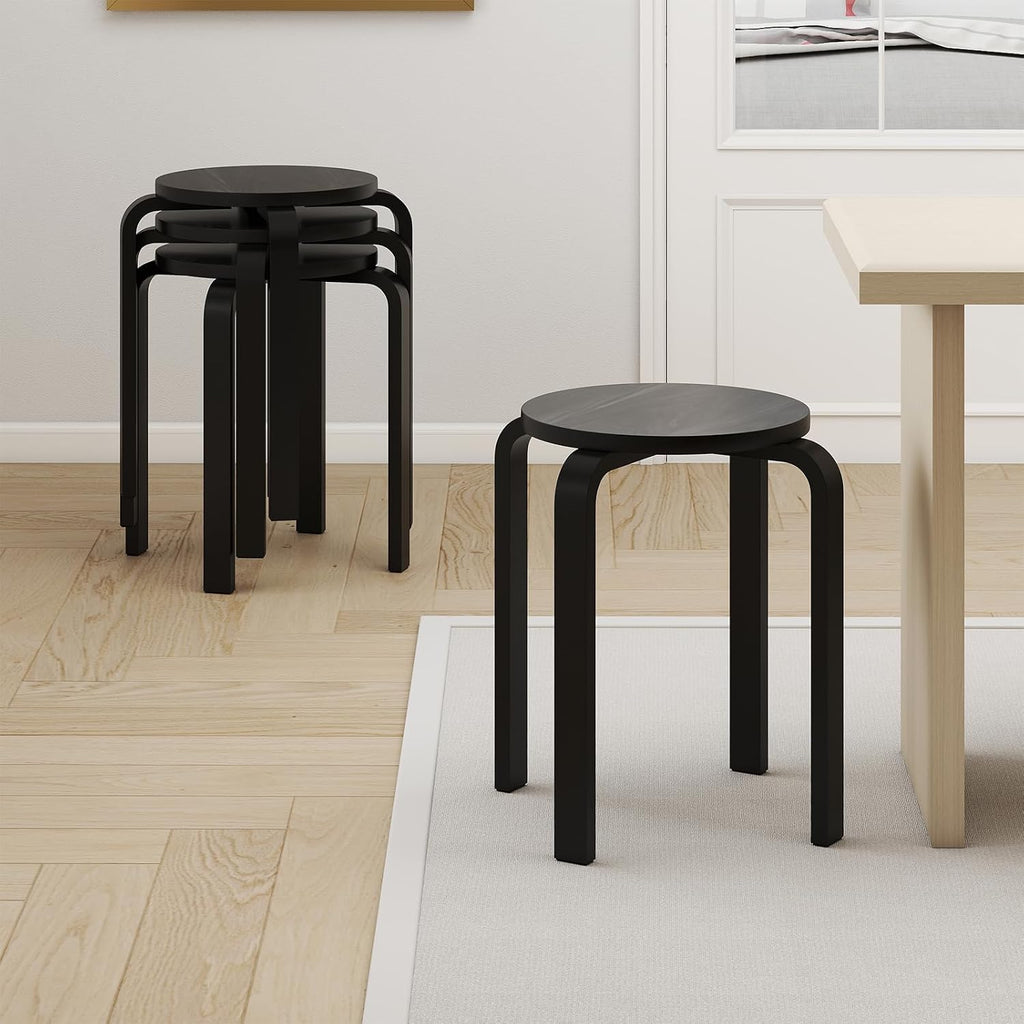Black Bentwood Round Stackable Stools Set of 4, 18 Inch