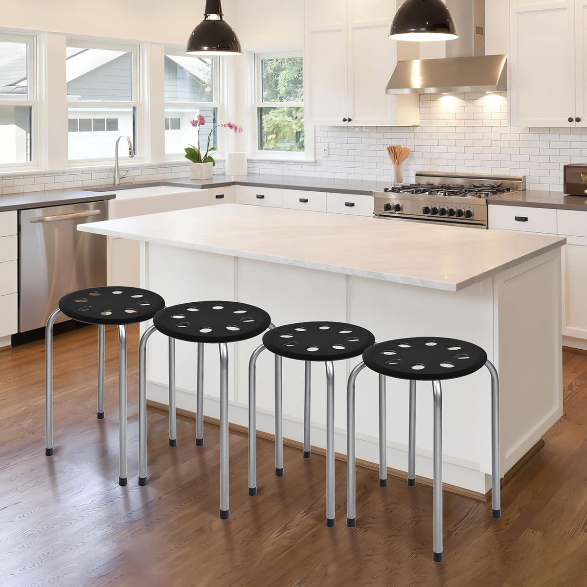 Black Grey Round Plastic Metal Frame Stackable Stools 6 Pack