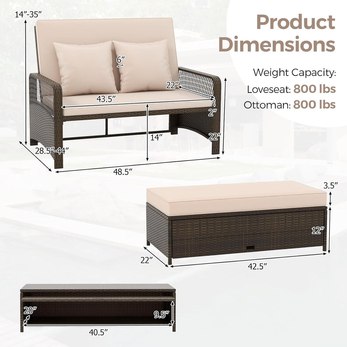 Beige PE Rattan Double Patio Daybed