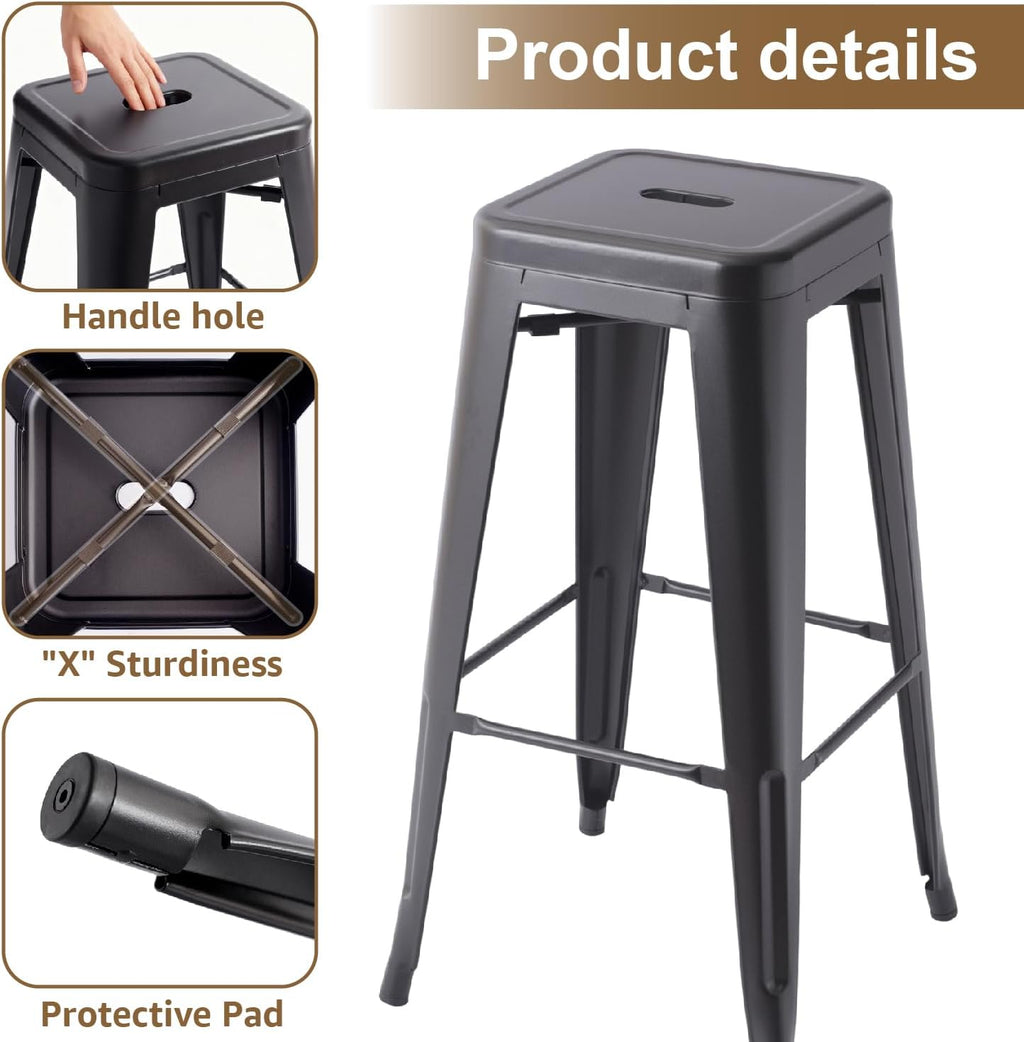 Black Full Metal Backless Bar Stools Set of 4, 30 Inch