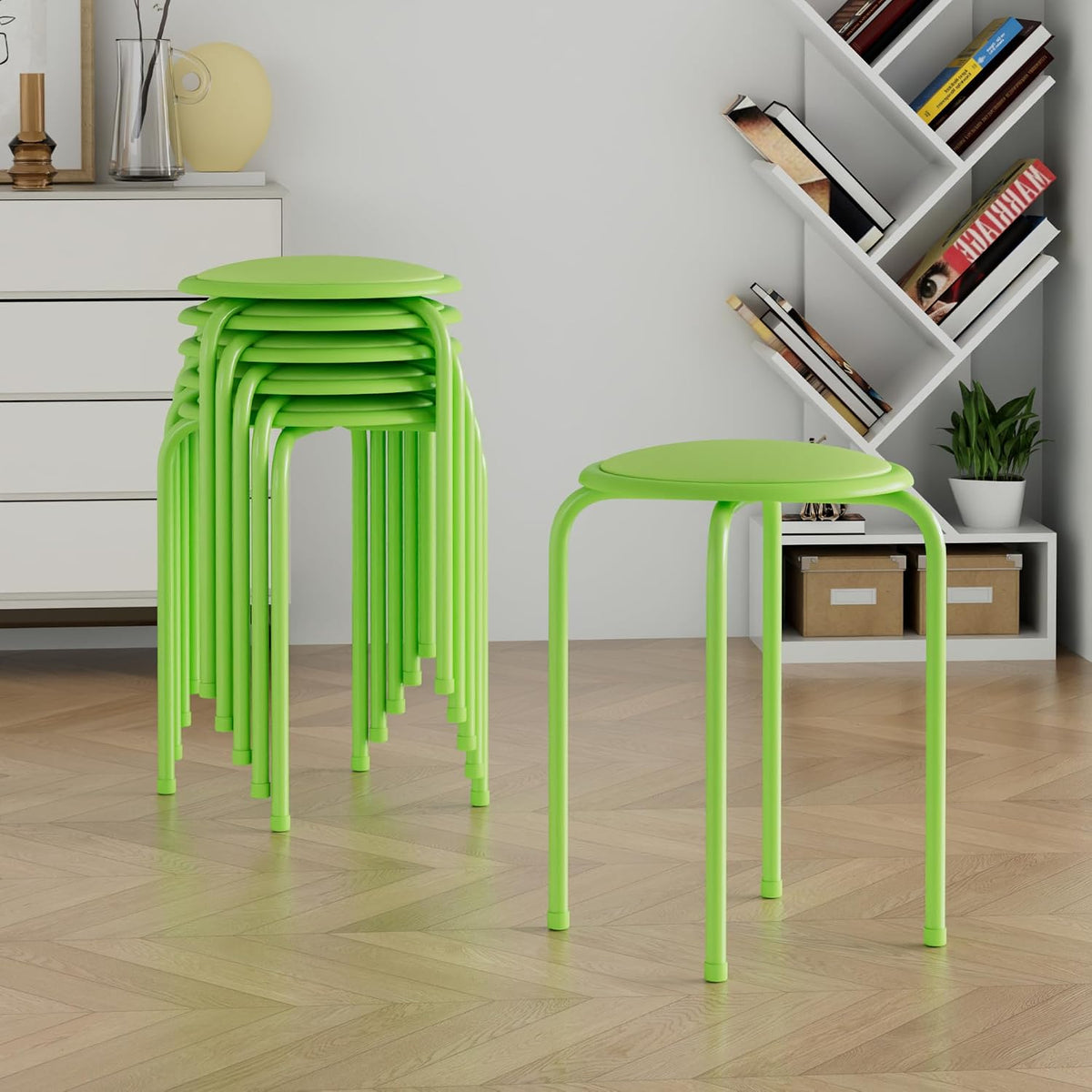 Green Padded Steel Leg Stackable Stools Set of 6