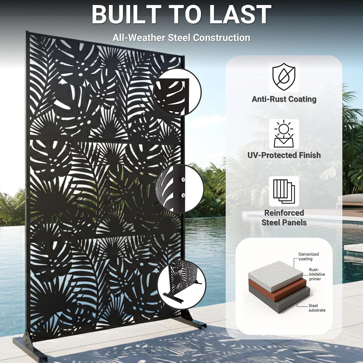 Tropical Leaf Laser Cut Freestanding Metal Privacy Screen