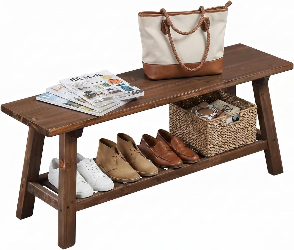 Brown Rustic Wood Storage Shoe Bench Indoor Outdoor