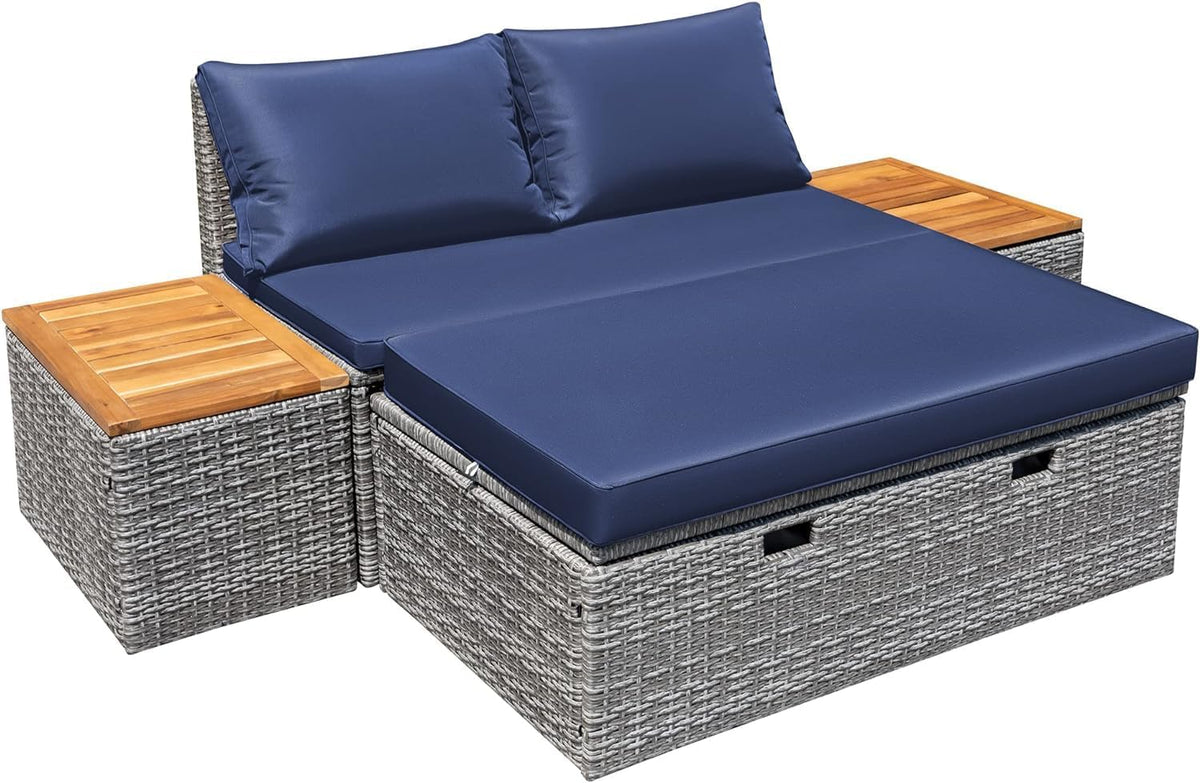 Navy Wicker Patio Daybed with Side Tables