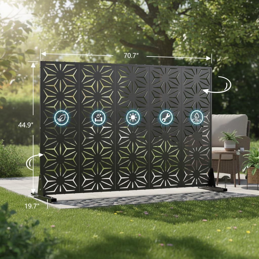 Black Geometric Star 5-Panel Metal Privacy Screen