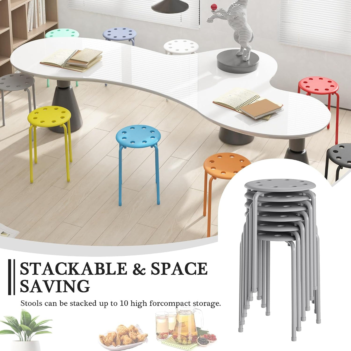 Grey Colorful Stackable Stools Set of 6, 17.7 Inch