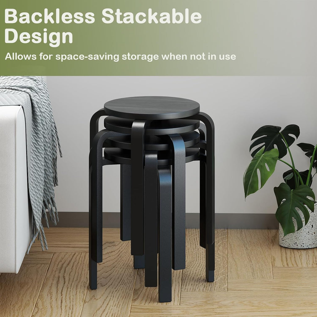 Black Bentwood Round Stackable Stools Set of 4, 18 Inch