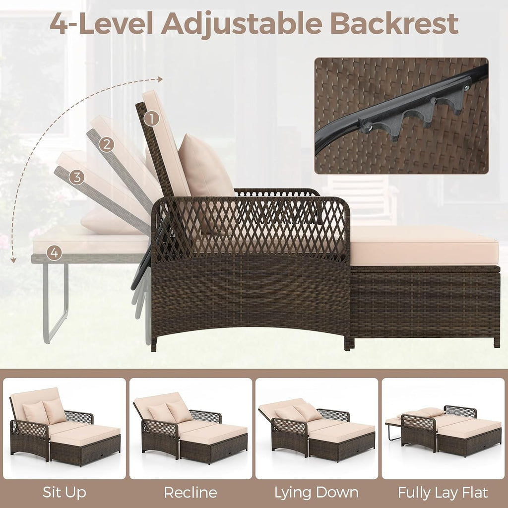 Beige PE Rattan Double Patio Daybed