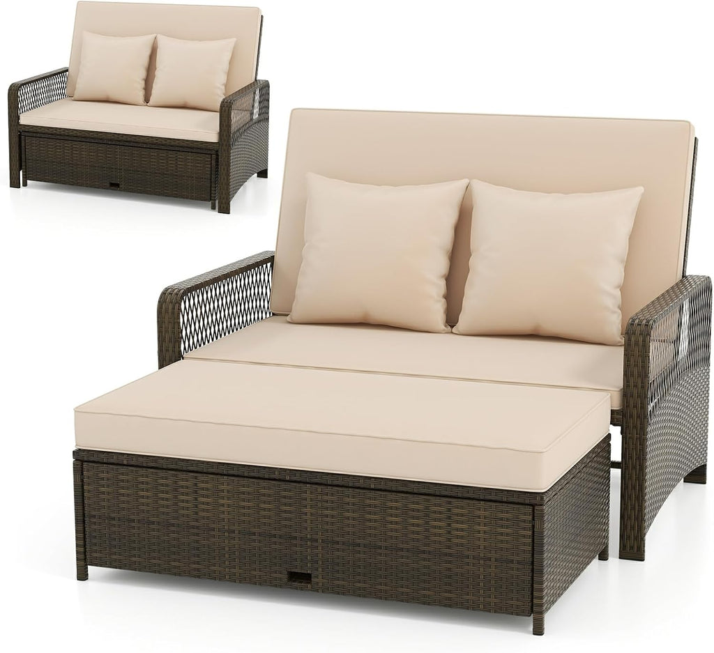 Beige PE Rattan Double Patio Daybed
