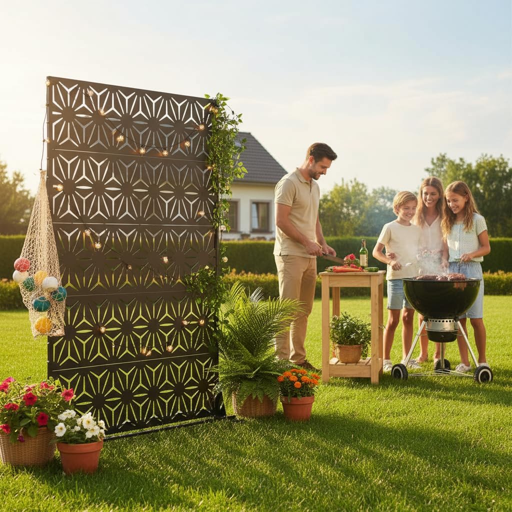 Black Geometric Star 5-Panel Metal Privacy Screen