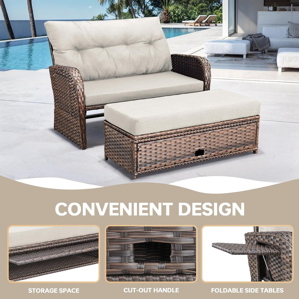 Beige Wicker Double Patio Daybed
