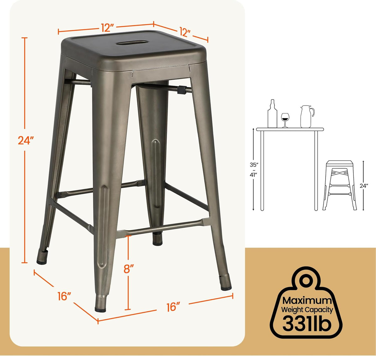 24 Inch Industrial Stackable Metal Backless Bar Stools Set of 4