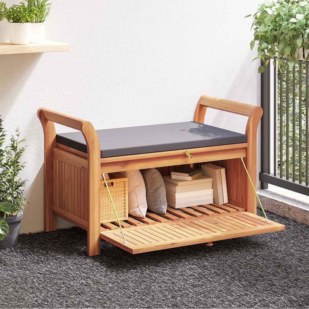 Brown Acacia Wood Outdoor Storage Bench With Cushion