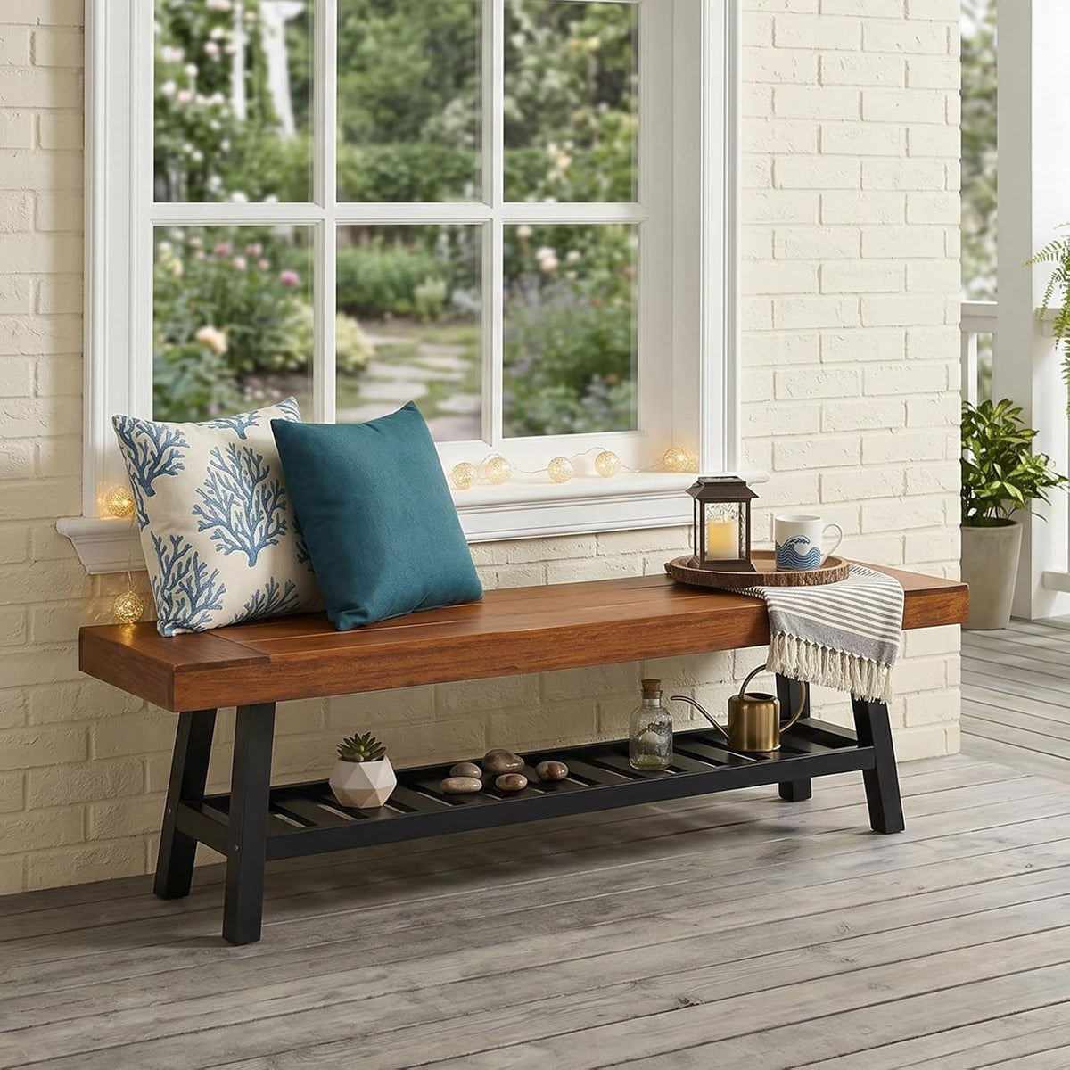 Wood & Iron Storage Shoe Bench Indoor Outdoor