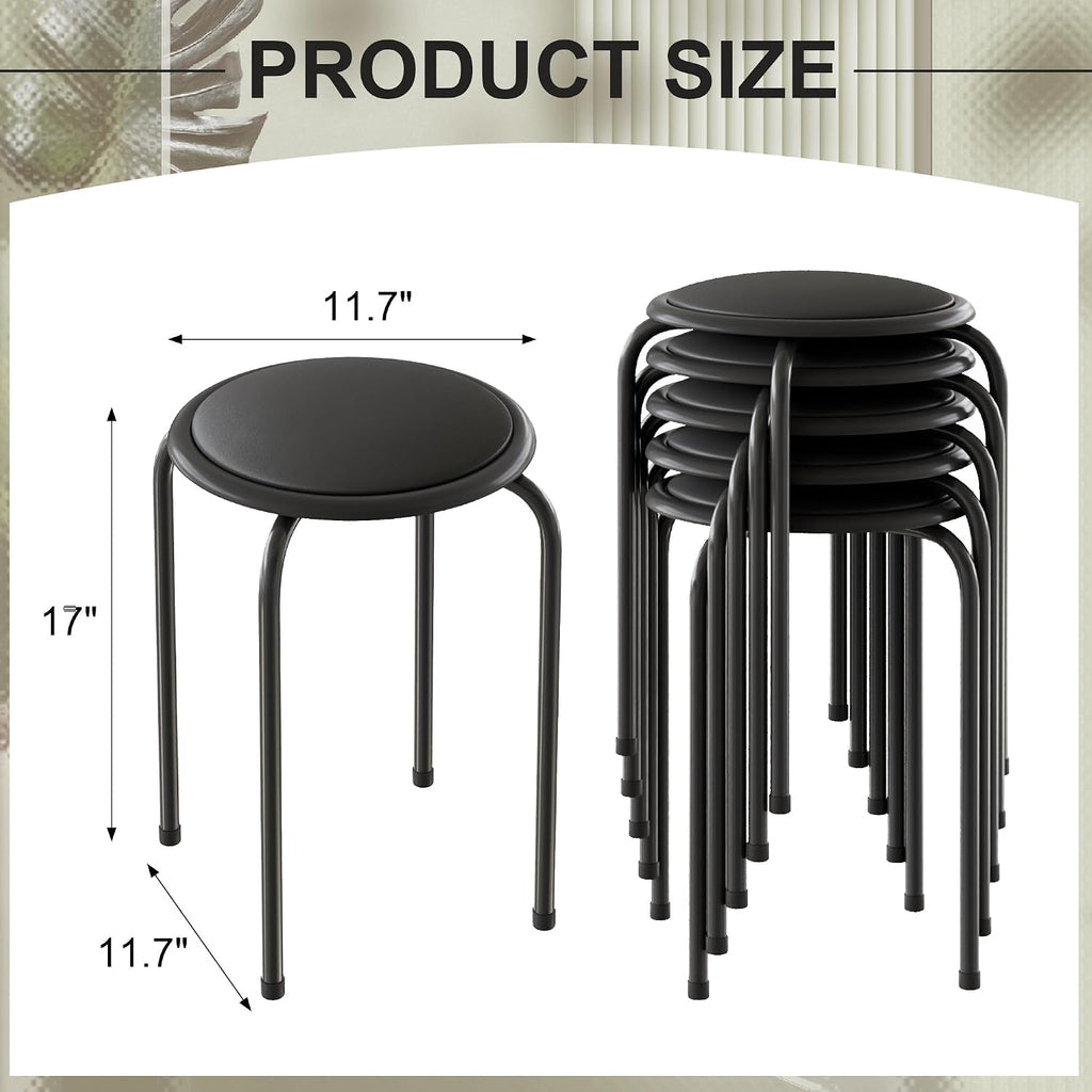 Black Padded Steel Leg Stackable Stools Set of 6, 17 Inch
