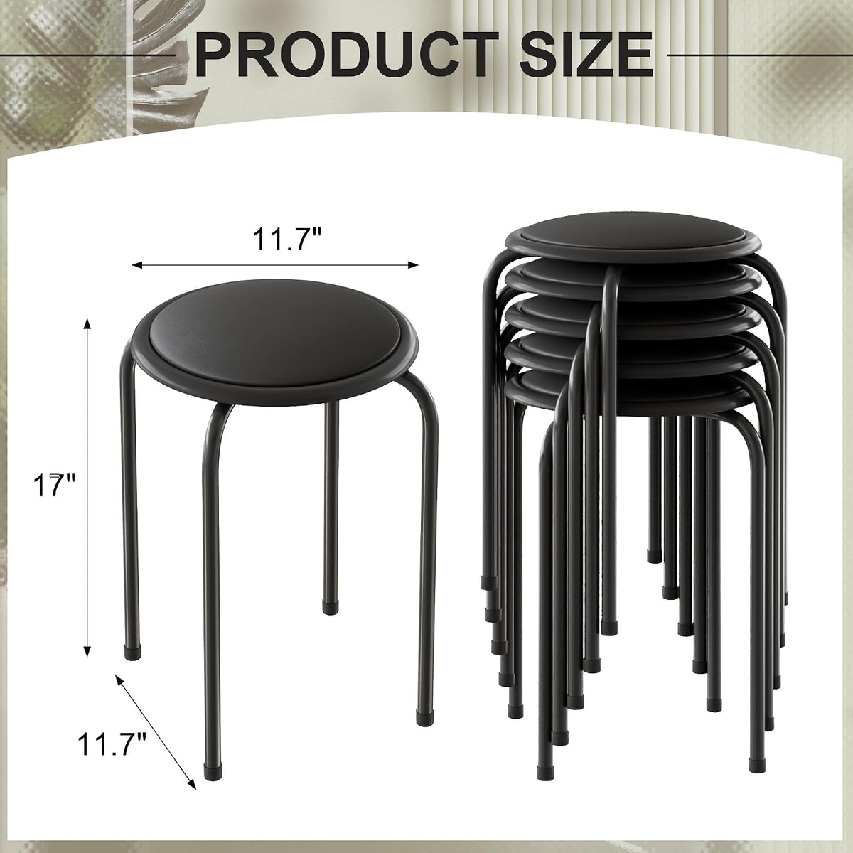 Black Padded Steel Leg Stackable Stools Set of 6, 17 Inch