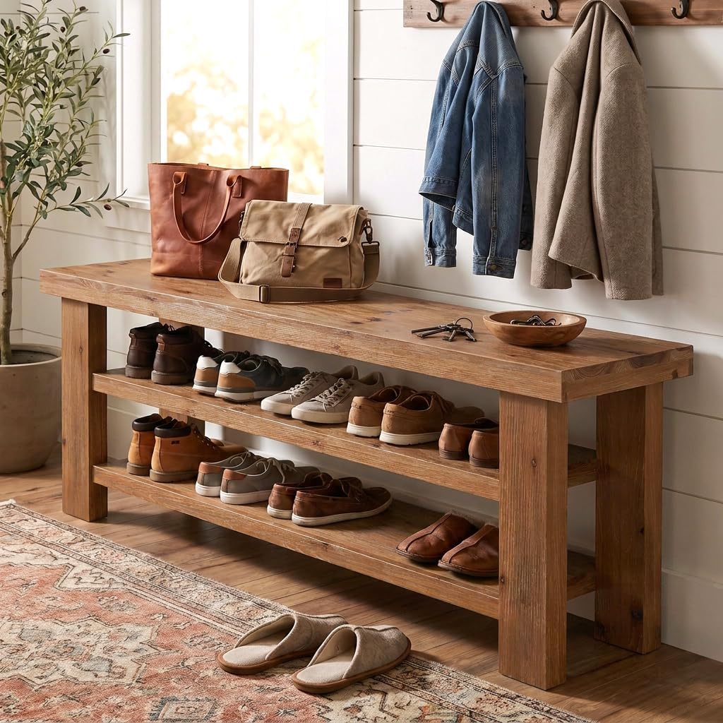 Natural Farmhouse 2-Tier Wood Shoe Storage Bench