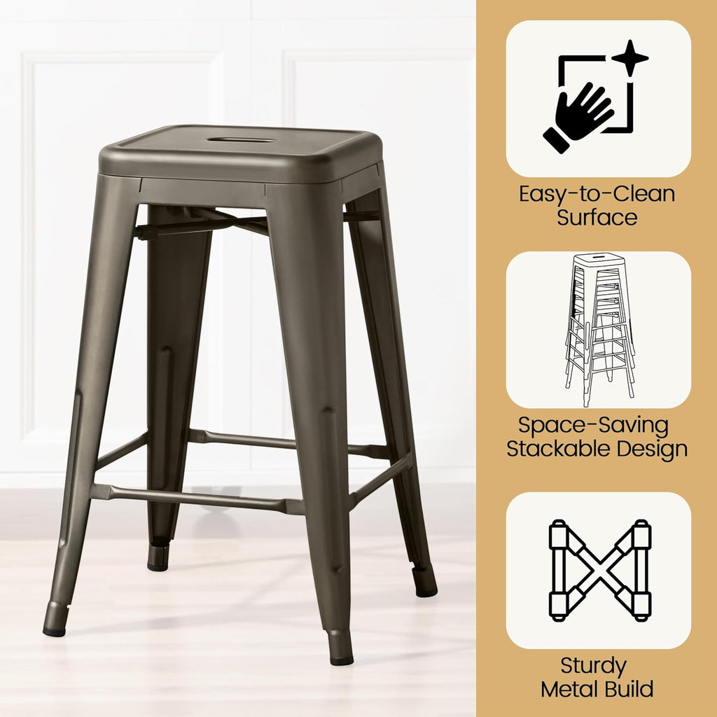 24 Inch Industrial Stackable Metal Backless Bar Stools Set of 4