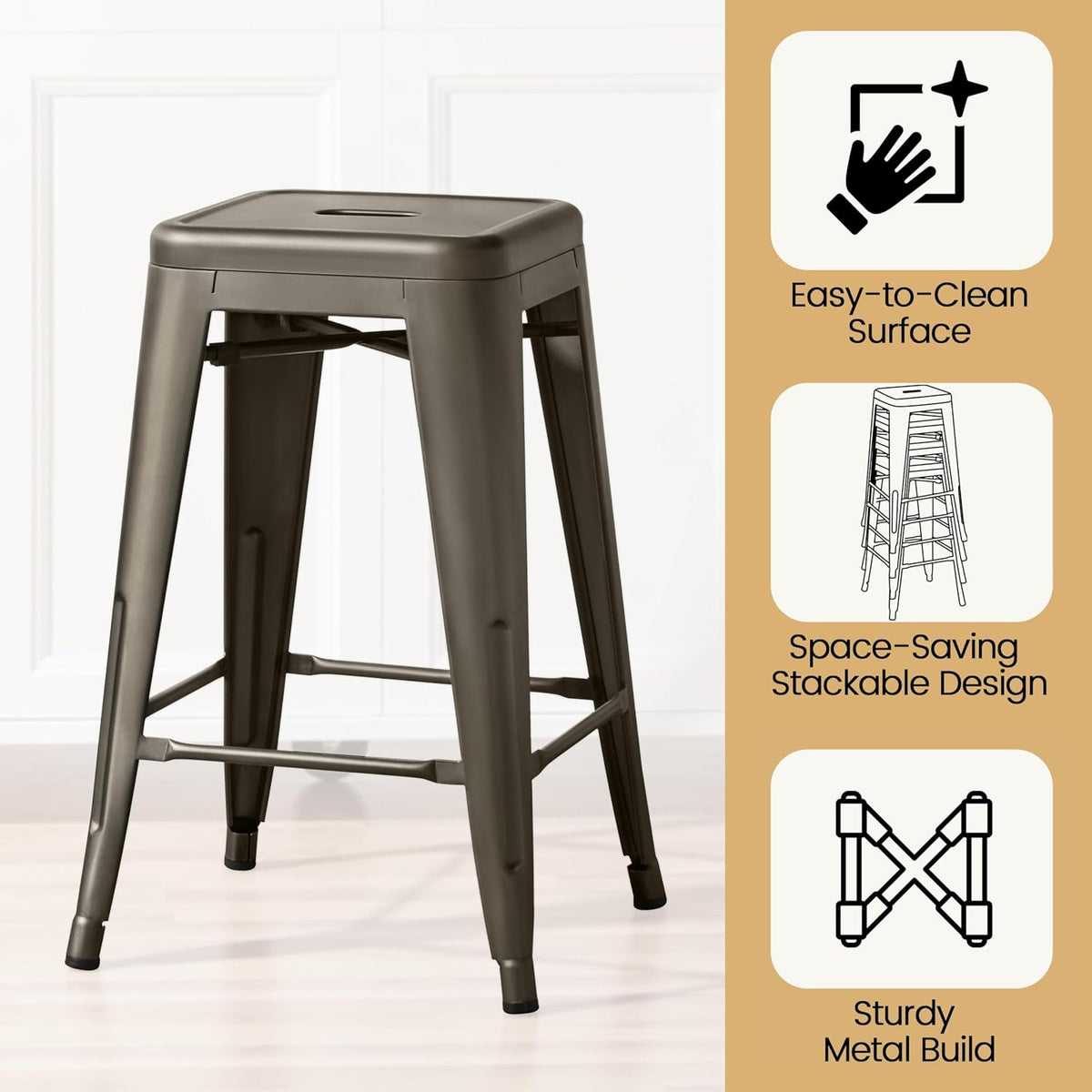 24 Inch Industrial Stackable Metal Backless Bar Stools Set of 4