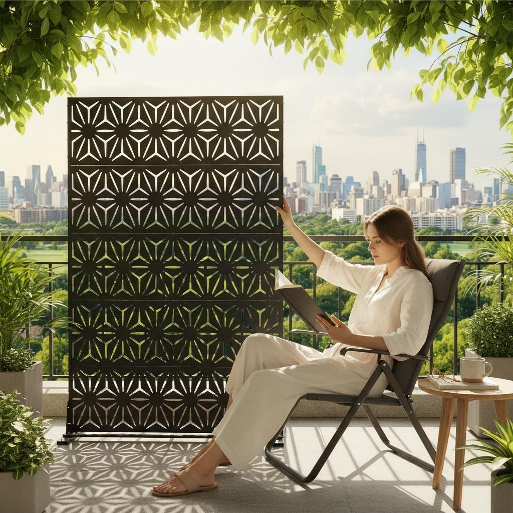 Black Geometric Star 5-Panel Metal Privacy Screen