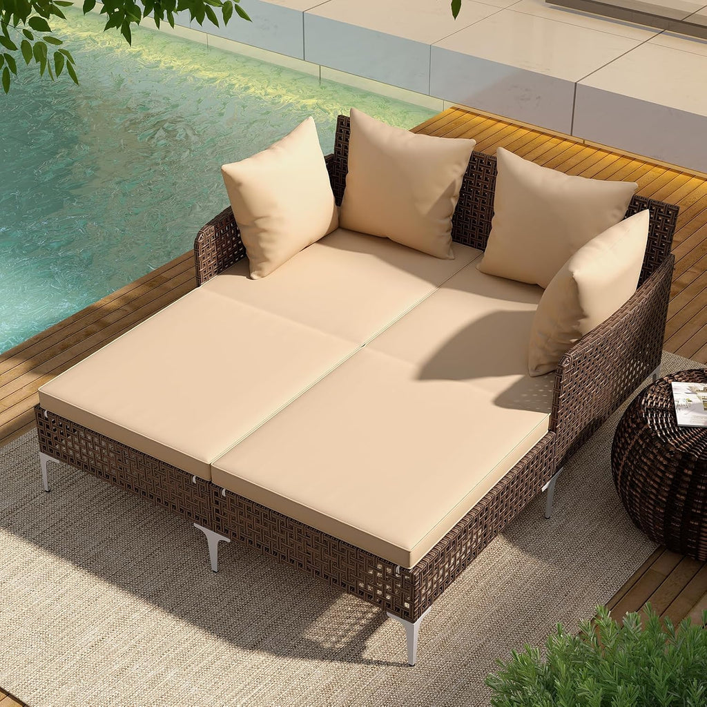 Brown Boho Rattan Double Daybed
