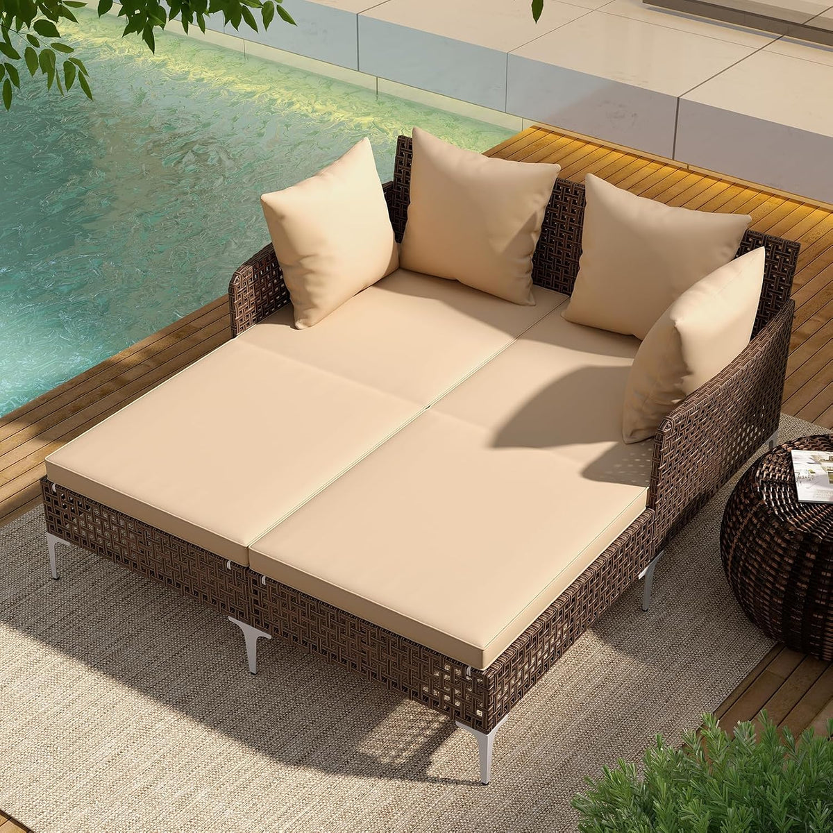 Brown Boho Rattan Double Daybed