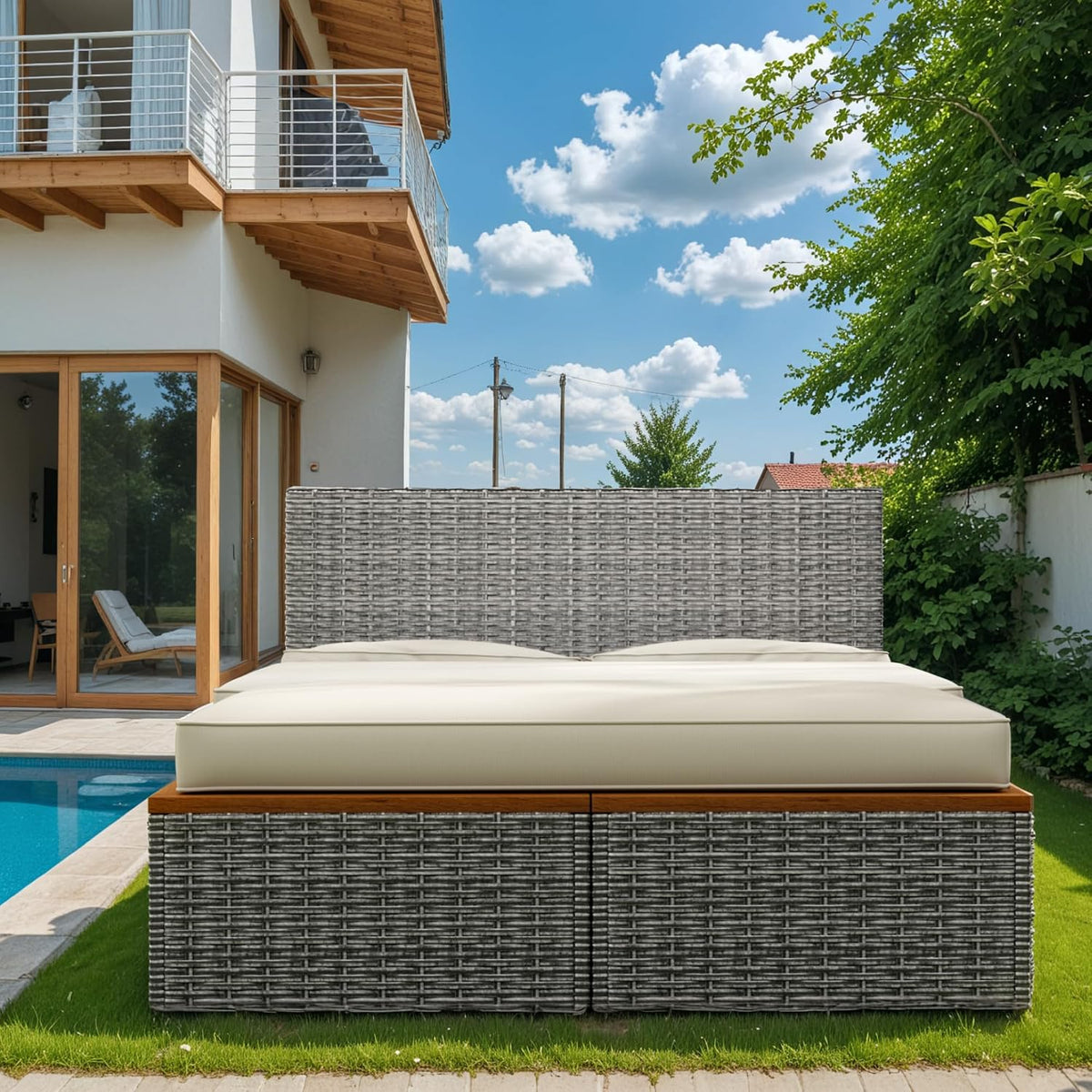 Beige Wicker Patio Daybed with Ottoman