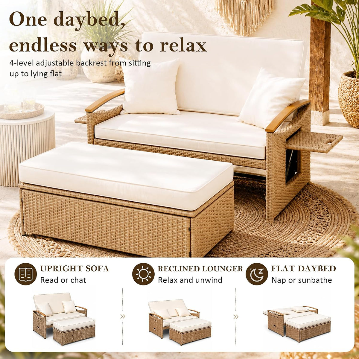 Boho Beige Rattan Patio Daybed