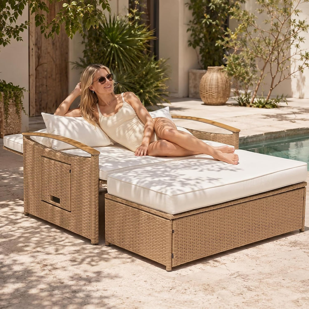 Boho Beige Rattan Patio Daybed