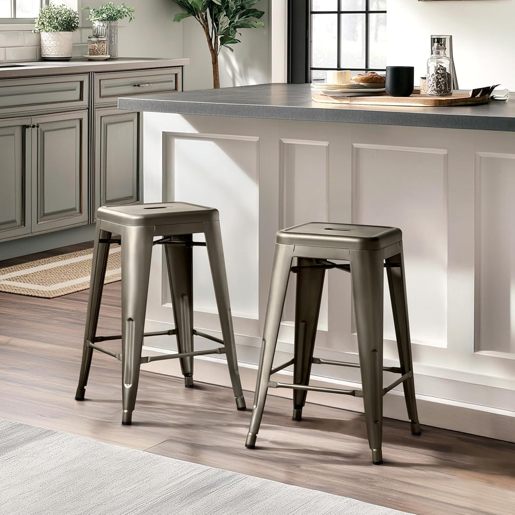 24 Inch Industrial Stackable Metal Backless Bar Stools Set of 4