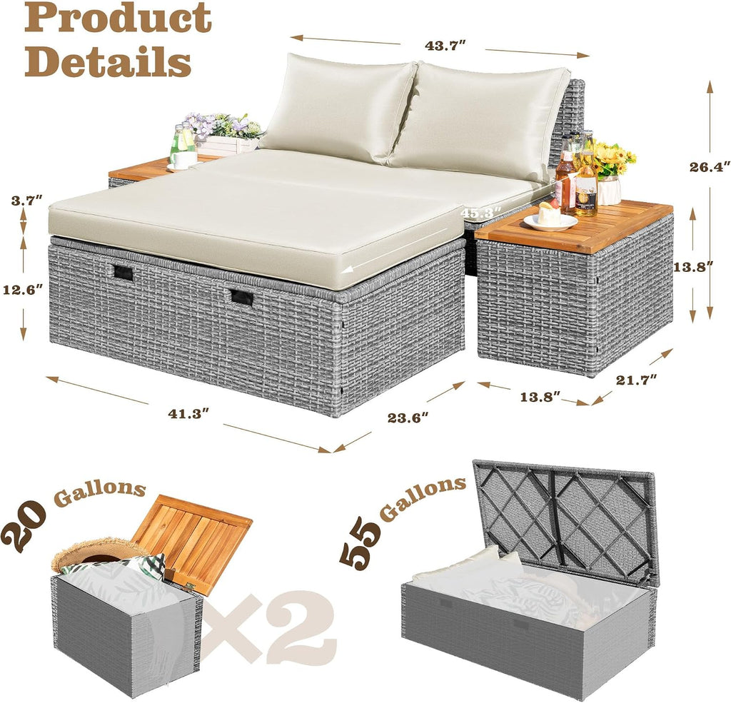 Beige Wicker Patio Daybed with Ottoman