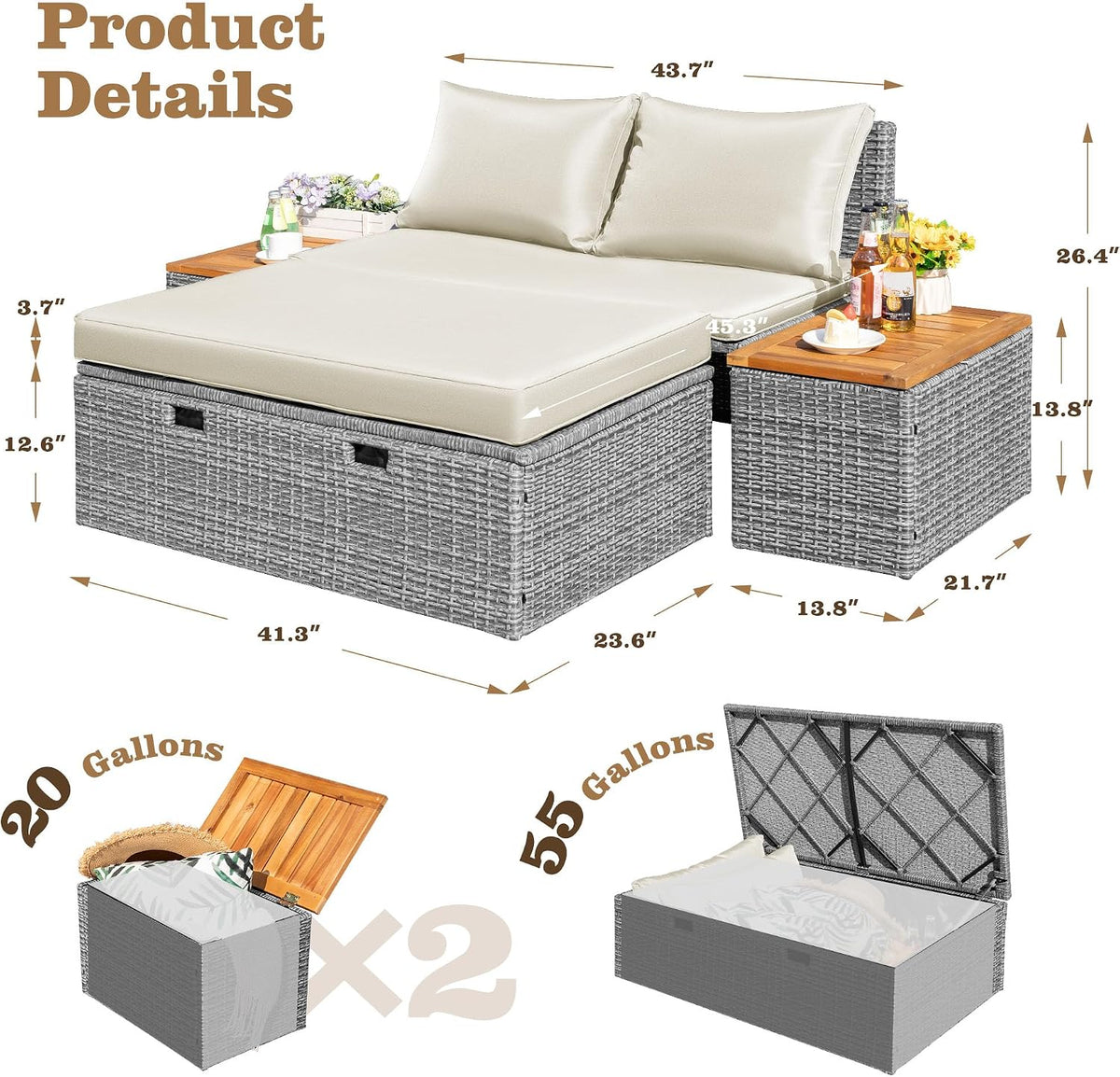 Beige Wicker Patio Daybed with Ottoman