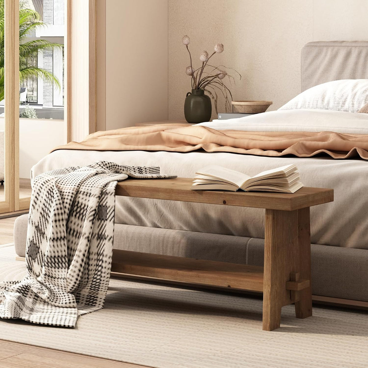 Brown Farmhouse Wooden Storage Entryway Bench