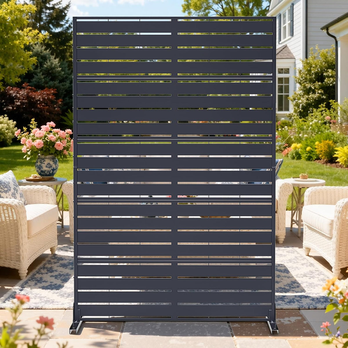5-Panel Slatted Steel Freestanding Outdoor Privacy Screen