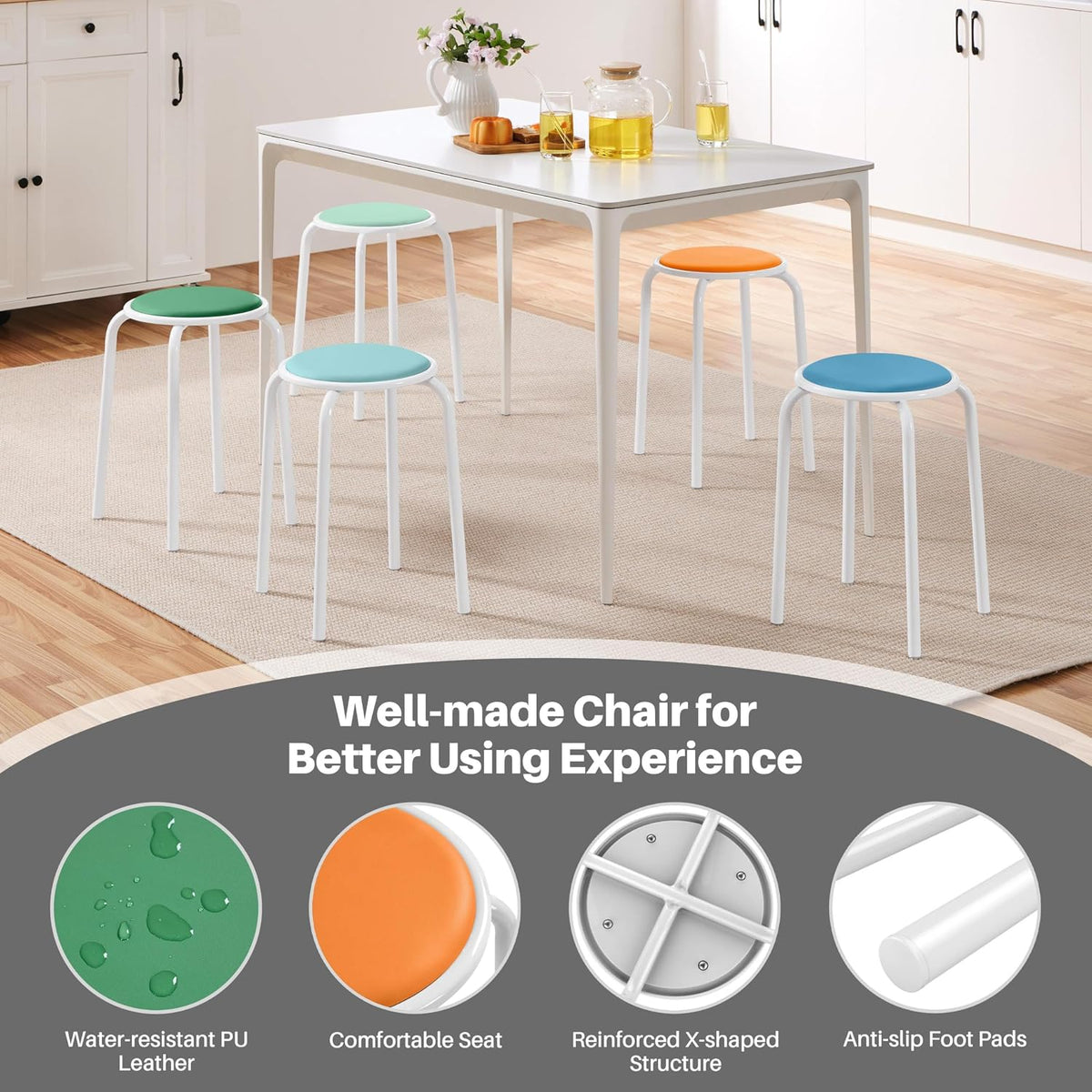 Pastel Faux Leather Padded Stackable Stools Set of 5