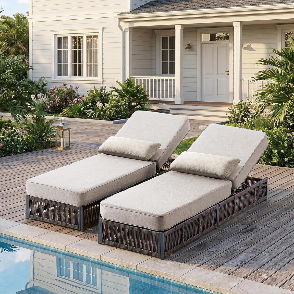 Beige PE Rattan Chaise Lounge Set of 2