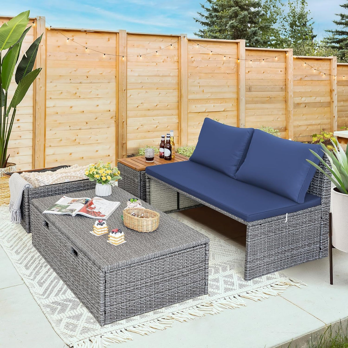 Navy Wicker Patio Daybed with Side Tables
