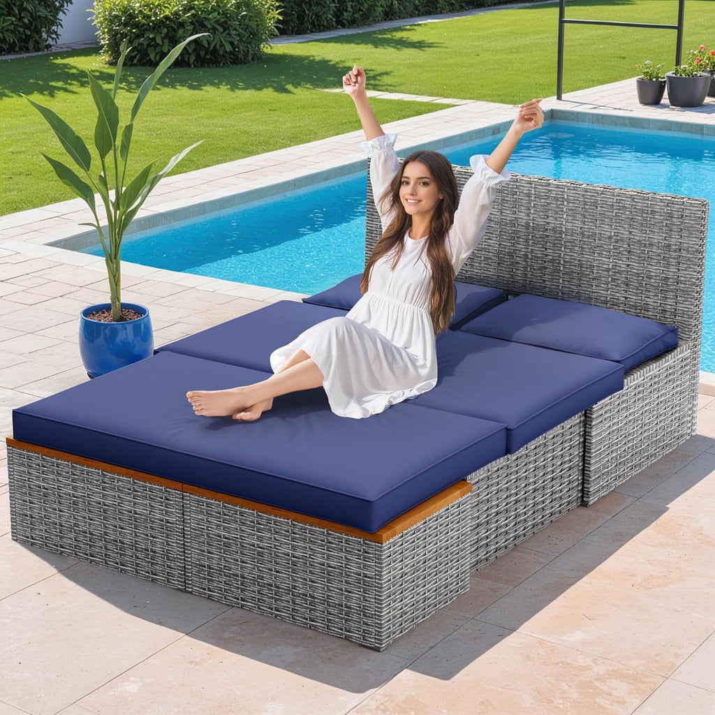 Navy Wicker Patio Daybed with Side Tables